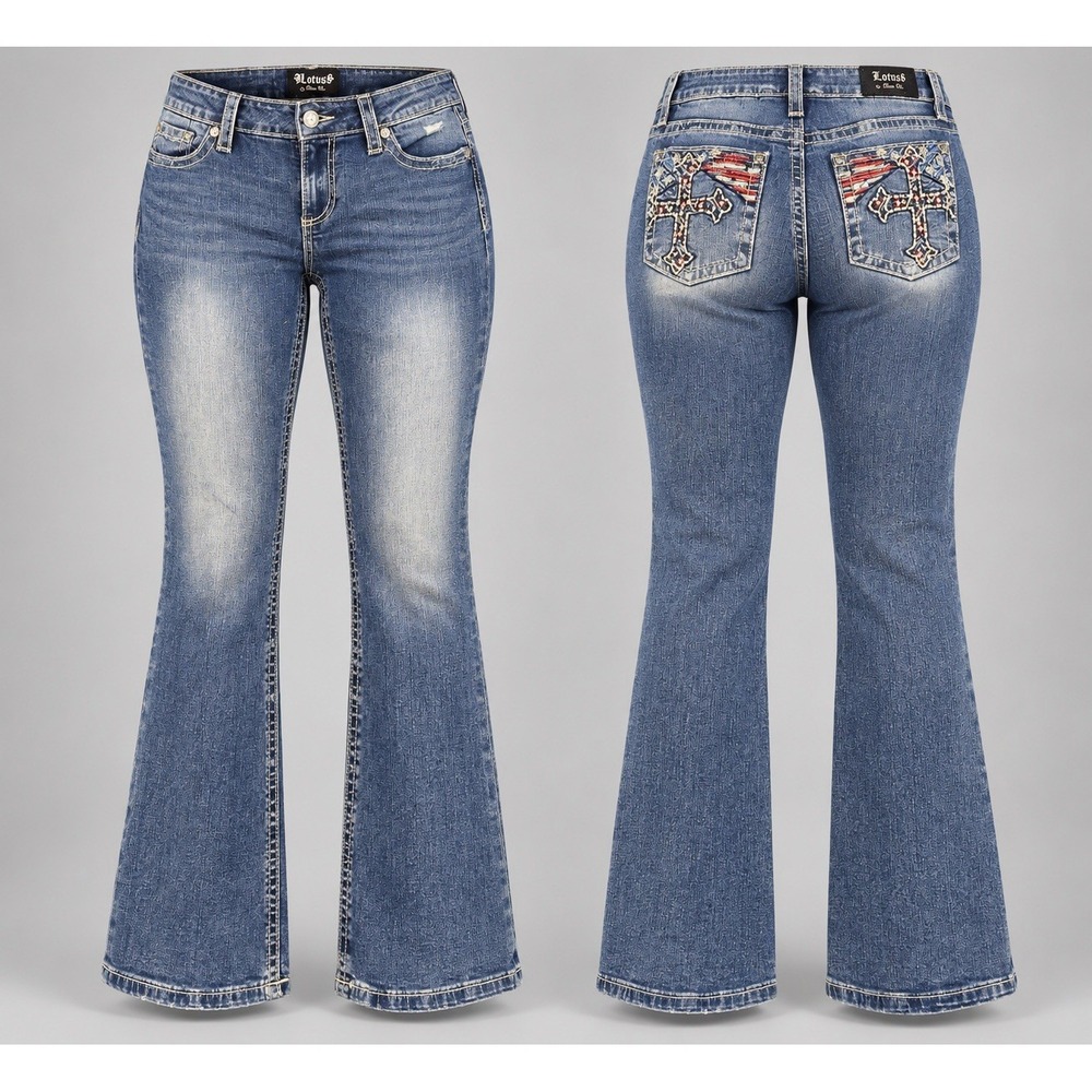MissMe lotus jeans Boot womens 31/12 usa flag cross embroidered rhinestones y2k